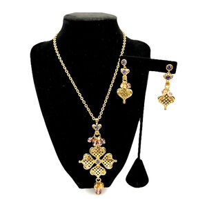 Designer Jewelry Set Gold Tone & Purple Pink Crystals Necklace & Earrings YANBAL